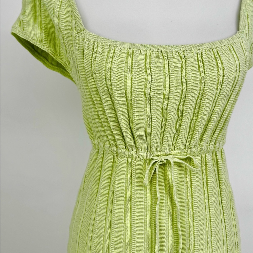 LPA Coco Ribbed Knit Square Neck Puff Sleeve Midi Sweater Dress Lime Green - Picture 8 of 8